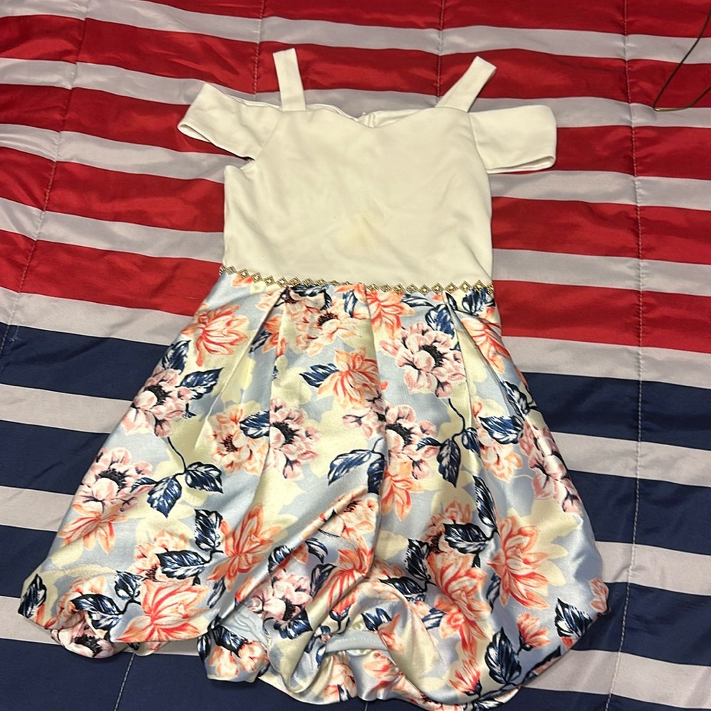 Fancy little girls dress with diamond waist, white top with floral bottom
